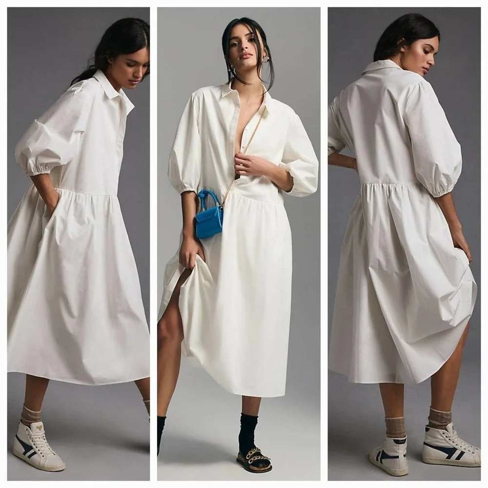 Mare Mare x Anthropologie White Poplin Puff‎ Sleeve Midi Shirt Dress XXS
